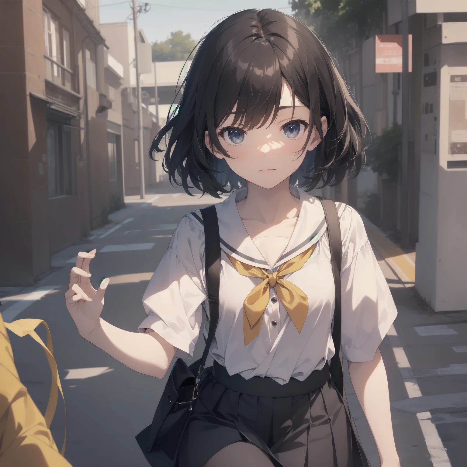 ultra-absurdres-Top quality by artist God, ultra-detailed, high resolution, anime moe artstyle, best anime 8k konachan wallpaper, pixiv contest winner, pool:2810, perfect anatomy,break, 1girl, (Please draw a girl walking sleepily to school alone. )break,(Solo,little female, 13-year-old:1.3),Full limbs, complete fingers,a junior high school student, (very short hair), short cut, flat chest, , small butt, small black eyes, beautiful detailed eyes, well-proportioned iris and pupils, expressive eyes, highres detailed hair, soft expression, salor school_uniform, sailor collar, serahuku, bow, pleated skirt,(Detailed Lighting), (Detailed background), in the School commute route. break,super detailed skin, Best cinematic lighting powered by famous artist, 8k,beauty illustration,photoshop_(medium),very aesthetic,break,((artist:takafumi )), artist:clamp ,artist:carnelian ,artist:kantoku ,