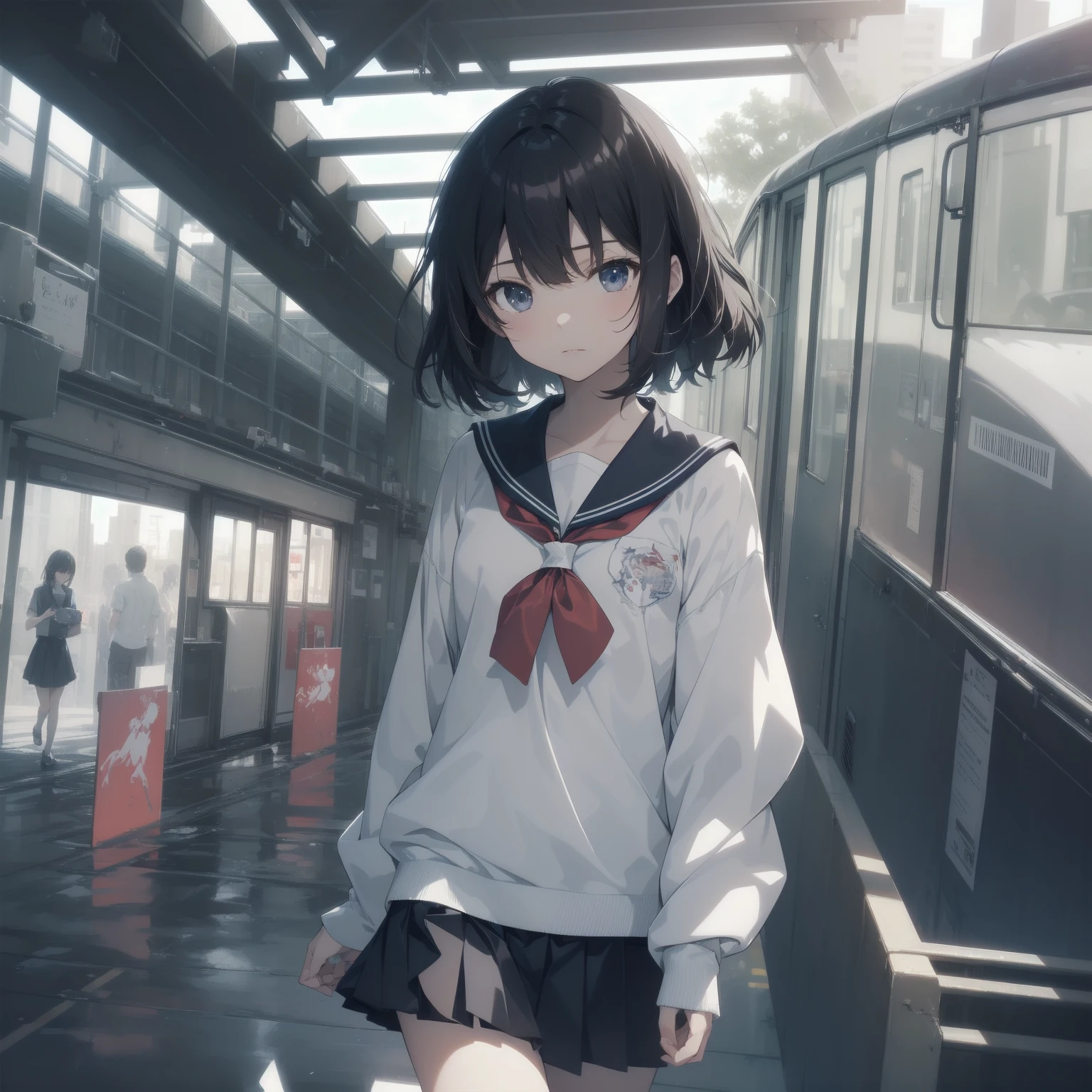 ultra-absurdres-Top quality by artist God, ultra-detailed, high resolution, anime moe artstyle, best anime 8k konachan wallpaper, pixiv contest winner, pool:2810, perfect anatomy,break, 1girl, (Please draw a girl walking sleepily to school alone. )break,(Solo,little female, 13-year-old:1.3),Full limbs, complete fingers,a junior high school student, (very short hair), short cut, flat chest, , small butt, small black eyes, beautiful detailed eyes, well-proportioned iris and pupils, expressive eyes, highres detailed hair, soft expression, salor school_uniform, sailor collar, serahuku, bow, pleated skirt,(Detailed Lighting), (Detailed background), in the School commute route. break,super detailed skin, Best cinematic lighting powered by famous artist, 8k,beauty illustration,photoshop_(medium),very aesthetic,break,((artist:takafumi )), artist:clamp ,artist:carnelian ,artist:kantoku ,