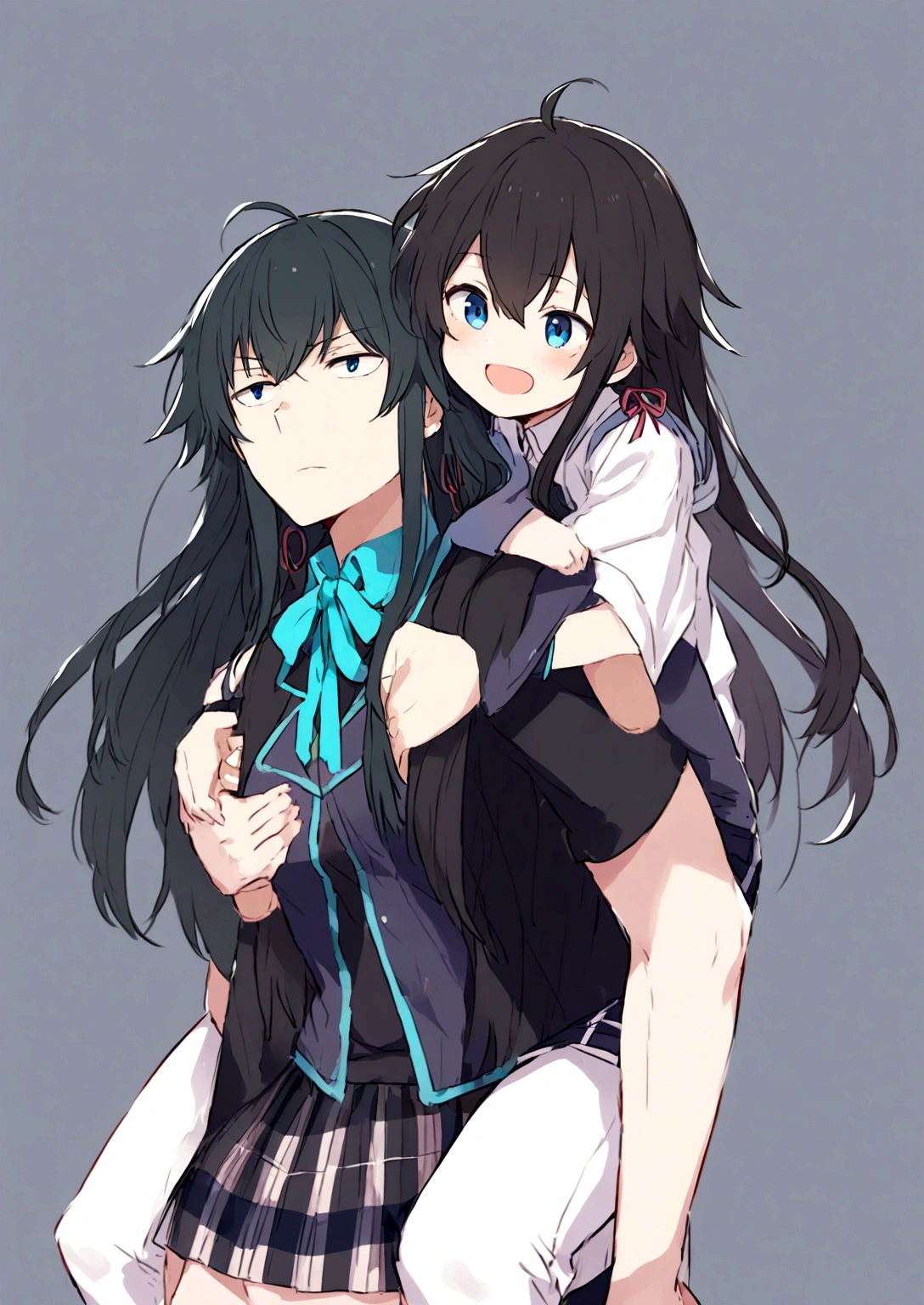 yukino yukinoshita giving  hachiman   piggyback ride,  Blue eyes black long hair piggyback ride, size difference,   yukino Yukinoshita 