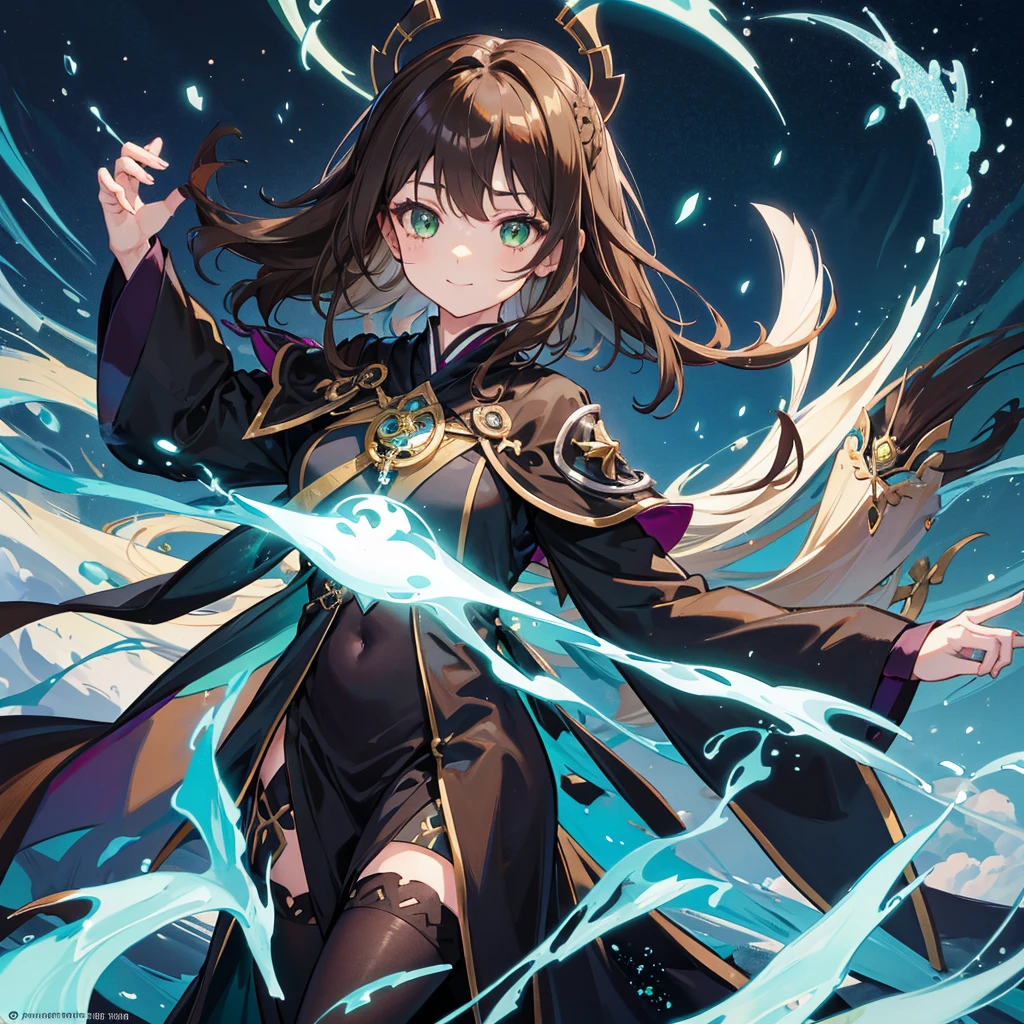 Mashle Character, girls, magic one liner in left face, puffy eyes, green eyes, brown hair, has lumine Genshin impact hair style, tender smile, use black robes, mages student, cute pretty girl