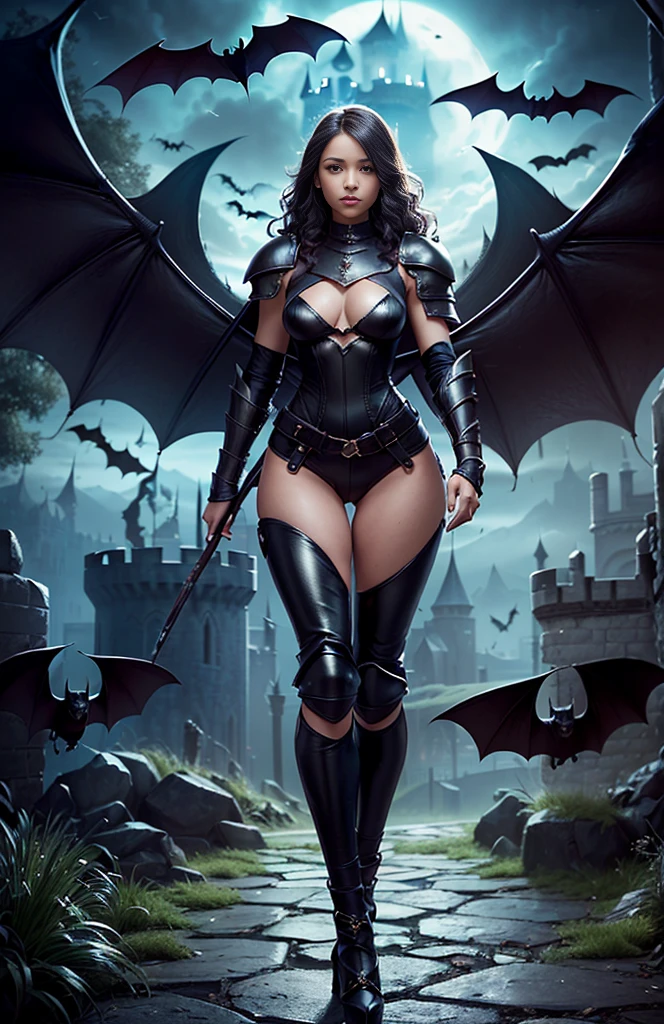 ((15-year-old))) black girl, (((light skin))), magical aura surrounding her, ((( mysterious dark castle looming behind her))), (((bats flying around)))dusk, (((thigh gap))), (((close-up full body pose))), long black wavy hair, high heel boots, (((wearing torn leather armor))), (((Dungeons and Dragons style art))), fantasy art, Rich, Deep Colours, (intricate details:0.9), (HDR, hyper-detailing:1.2), (natural skin textures, hyper realisitc, soft light, Sharp),( wavy hair)