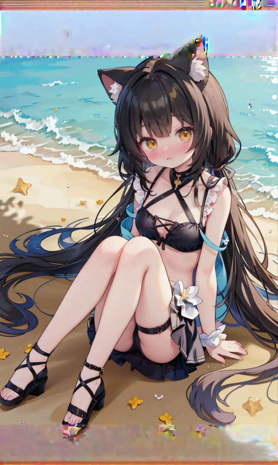 anime girl sitting on the beach with her cat ears up, on the beach, on the beach上,sitting,on the beach,Shy,She was pushed down, seductive anime girl,Photo poses,black hair,Yellow eyes, on the beach, on a sunny beach, on the beach上, on the beach穿著細帶高跟鞋,Black mini skirt,Beautiful legs