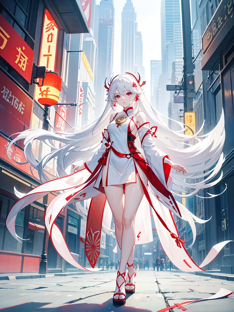 Miko dress, large breats, pale skin, white hair, long hair, full body, concept art