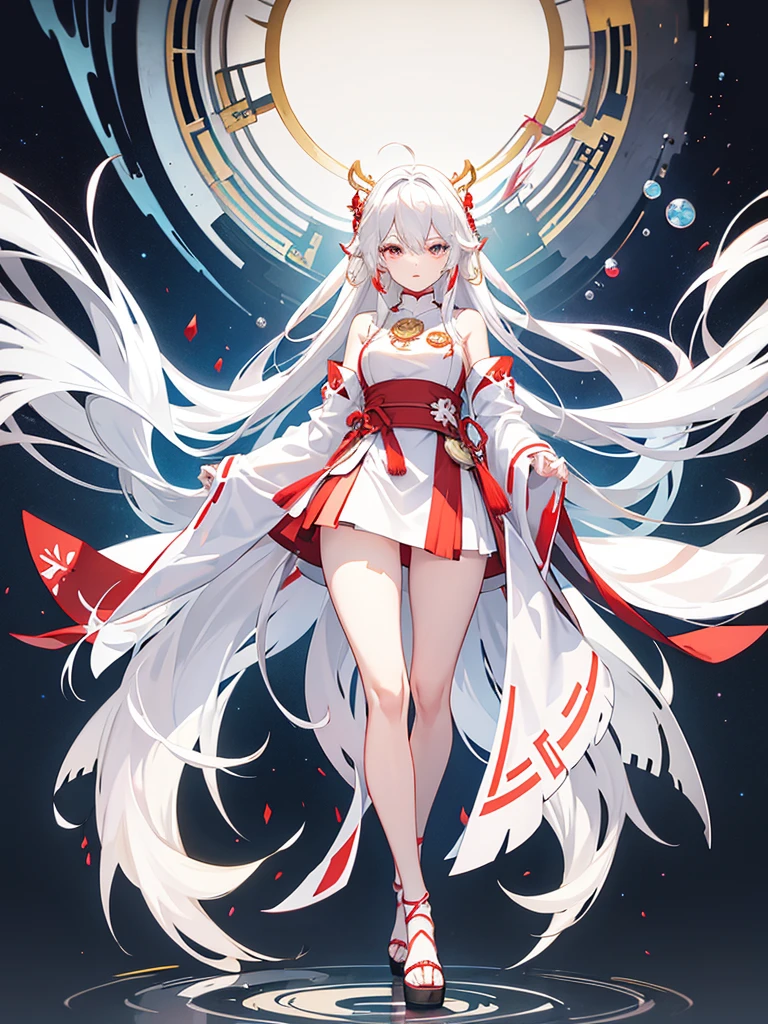 Miko dress, large breats, pale skin, white hair, long hair, full body, concept art
