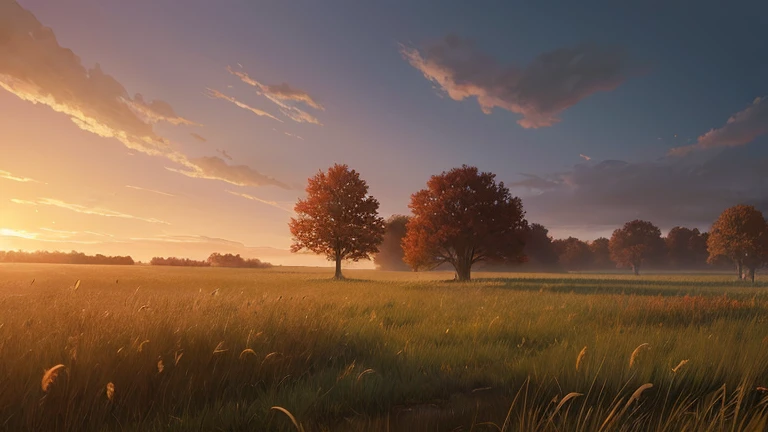 A field with lots of tall grass,At dusk in autumn,Anime Digital Illustration、Xin Haicheng、A masterpiece、Concept Art
