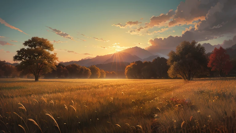 A field with lots of tall grass,At dusk in autumn,Anime Digital Illustration、Xin Haicheng、A masterpiece、Concept Art
