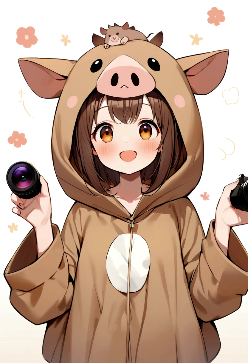 Only white background、Wearing a boar costume、smile、The cutest in the world、Brown Hair、Photograph your whole body from the front、Knee-high socks、Looking up、Standing pose、Covers from head to toe!、Baby boar、Take a full-body photo!!!The camera is in front、Carefully crafted down to the last detail、Especially the face is drawn cutely.、