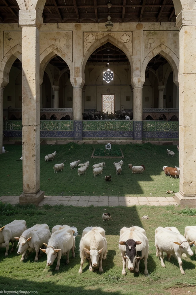 cows, goats, sheep eating grass in 3D on a sunny morning in the mosque yard, preparing to be sacrificed on Eid al-Adha, text 3D"PENGURUS PHBI LANGGAR DARUL AFIAT MRNGUCAPKAN SELAMAT HARI RAYA IDUL ADHA 1445"
 with cloud background