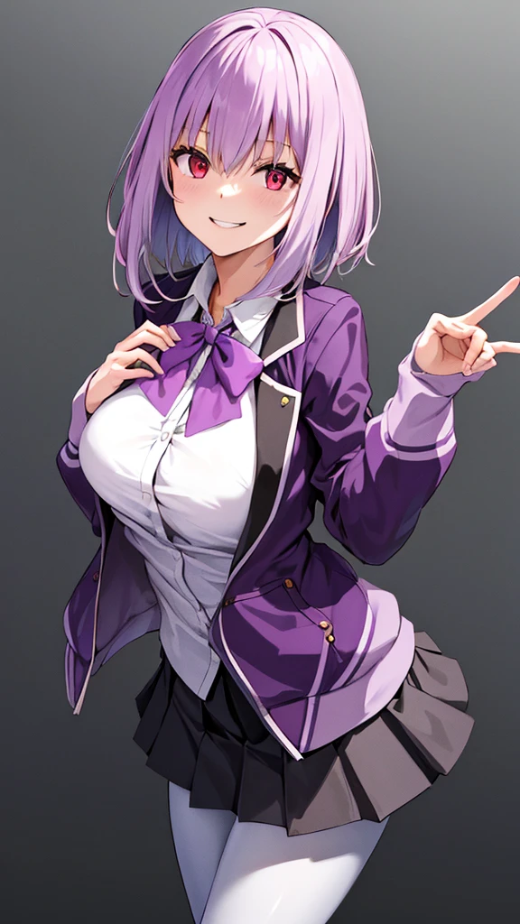 masterpiece, highest quality, High resolution, shinjou akane, One girl, alone, pantyhose, shirt, bow, skirt, purple Jacket, Jacket, white shirt, Long sleeve, short hair, black skirt, collared shirt, black pantyhose, Open clothes, bowtie, purple bow, chest, bangs, Red eyes, pleated skirt, Off the shoulder, open Jacket, Sleeves are longer than the wrist, Light purple hair, purple bowtie, miniskirt, Cowboy Shot,too evil smile,smile worst,looking down at viewer,laugh worst,evil laugh,deep shaded face,laugh face,big monster ,dark purple backgrounds,two hands,five fingers,two legs,