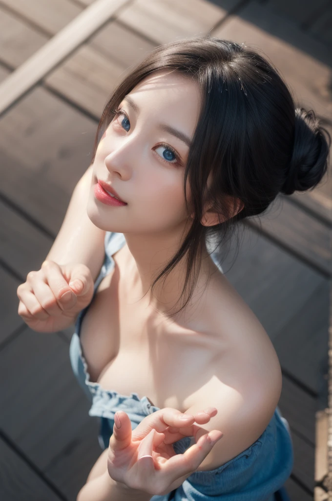 masterpiece, best quality, ultra-detailed,
(realistic:0.2), CG, 4k, 8k, illustration, natural lighting,
(beautifuly detailed background :1.1),(perfect anatomy, correct limb, correct finger),
(beautifuly detailed cute), (beautifuly detailed eyes),
(beautifuly detailed oily skin,medium breasts :1.1),
(glowing eyes:1.2), (Slender:1.3),
(1girl, solo), (depth of field),
smile, blush, looking at viewer, ((looking up:1.2)), from above, (__output__), blue eyes, black hair, bangs, hair bun, outstretched hand, lips, foreshortening