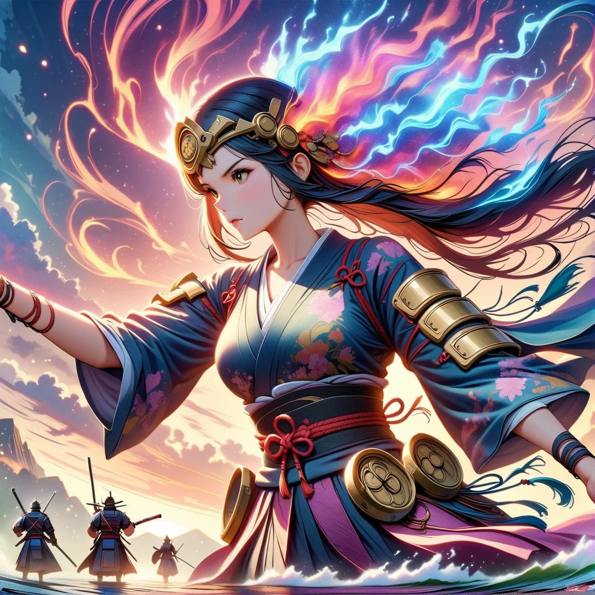 ((Japan Samurai for women),Campo de batalha,dynamic poses,Espada Longa,armaduras,fiery sky,fundo da montanha,detalhes malucos,Detalhes intrincados,High definition,8K,((anatomicamente correto))