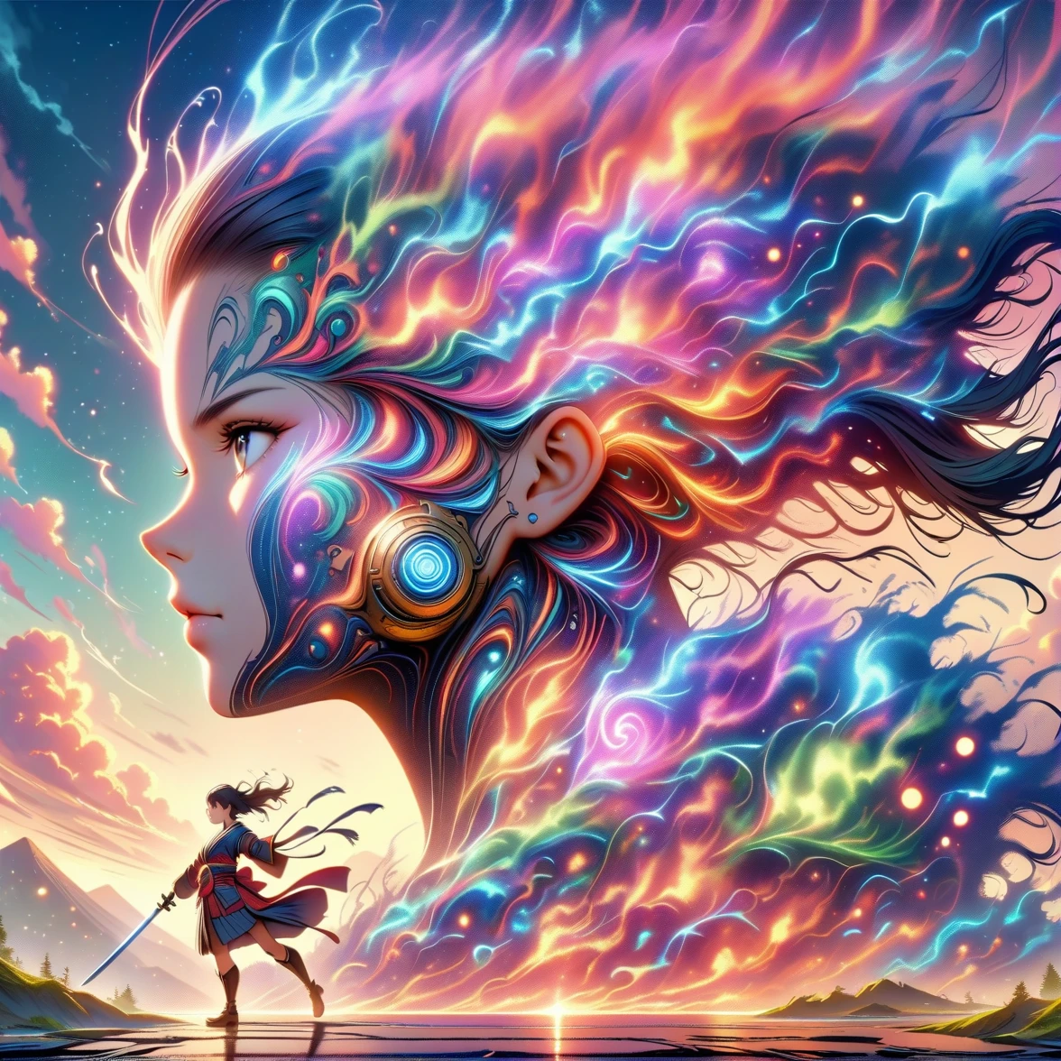 ((Japan Samurai for women),Campo de batalha,dynamic poses,Espada Longa,armaduras,fiery sky,fundo da montanha,detalhes malucos,Detalhes intrincados,High definition,8K,((anatomicamente correto))