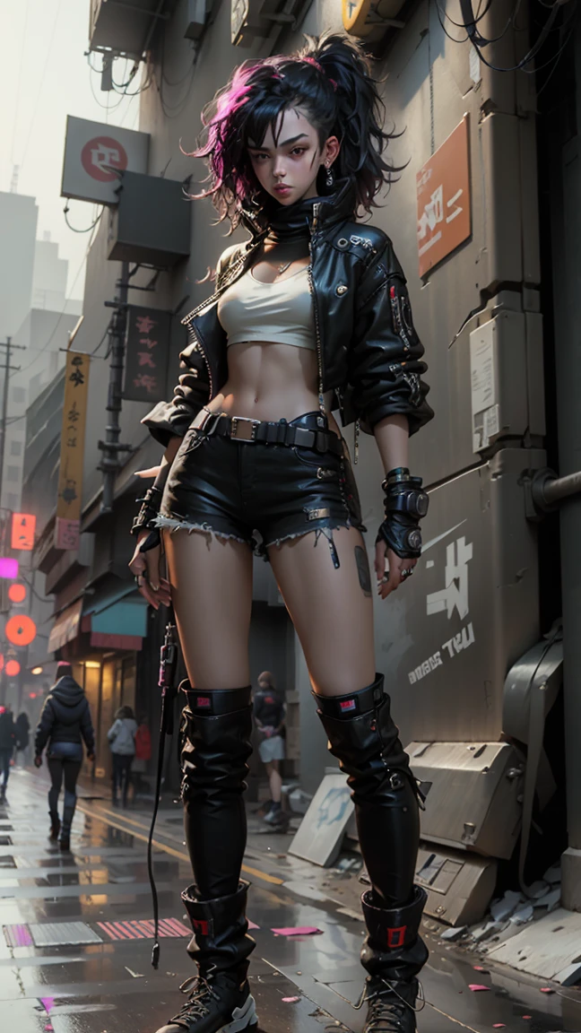 Beautiful girl, medium hair, cyberpunk style, short clothes, full body, boots