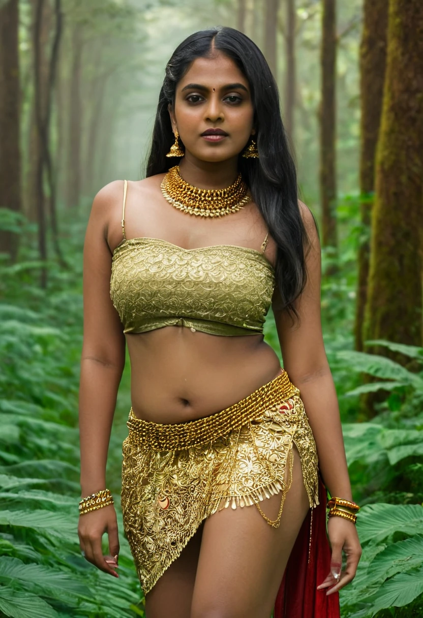 desi erotic kerala model, nude, black skin, 1girl ,half body,close up portrait, flat jut, gold ornaments, heels, (((hip gold chains))), (((thigh gold straps))), forest, fantasy rare flower, photography, Stoic, 8k, epic, detailed photograph, shot on kodak detailed, bokeh, cinematic, hbo, volumetric fog, volumetric light, Extremely Realistic, more detail