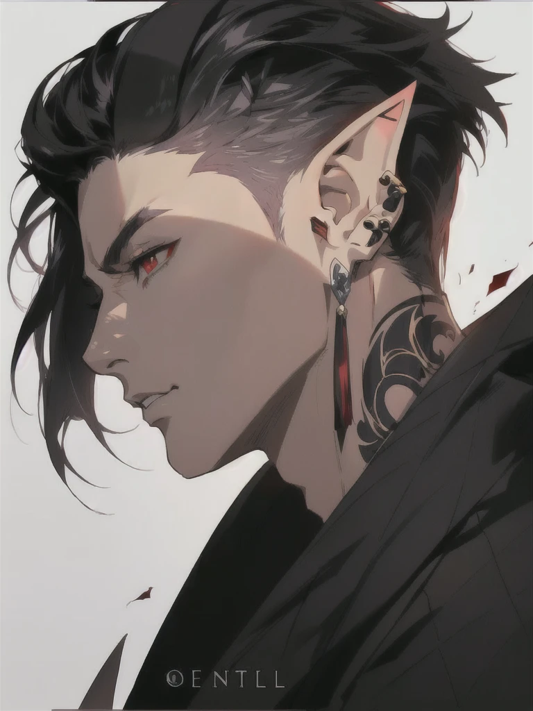 anime character with ear piercings and a black jacket, handsome guy in demon slayer art, a portrait of a male elf, handsome japanese demon boy, pale pointed ears, male anime character, a male elf, attractive humanoid, stunning anime face portrait, in the style of guweiz, demon horns, two black devil horns, two horns protruding from hair, large horns, striking appearance, masculine,  two horns sticking out from top of head, red eyes