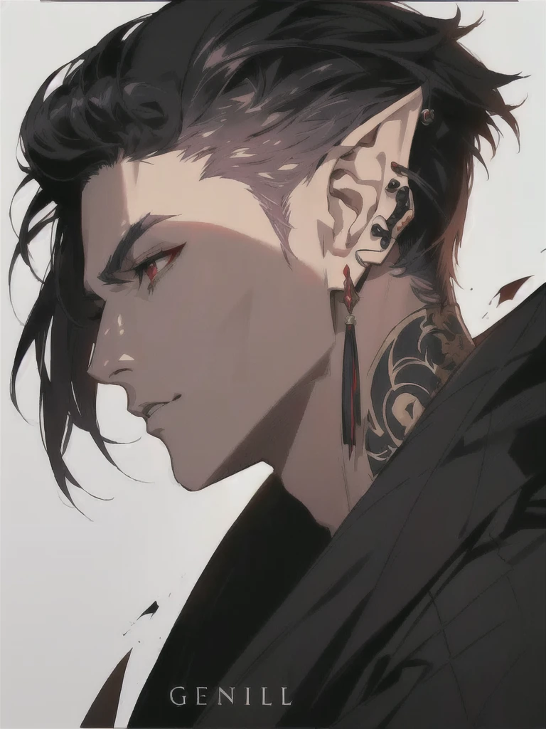 anime character with ear piercings and a black jacket, handsome guy in demon slayer art, a portrait of a male elf, handsome japanese demon boy, pale pointed ears, male anime character, a male elf, attractive humanoid, stunning anime face portrait, in the style of guweiz, demon horns, two black devil horns, two horns protruding from hair, large horns, striking appearance, masculine, two horns sticking out from top of head, red eyes