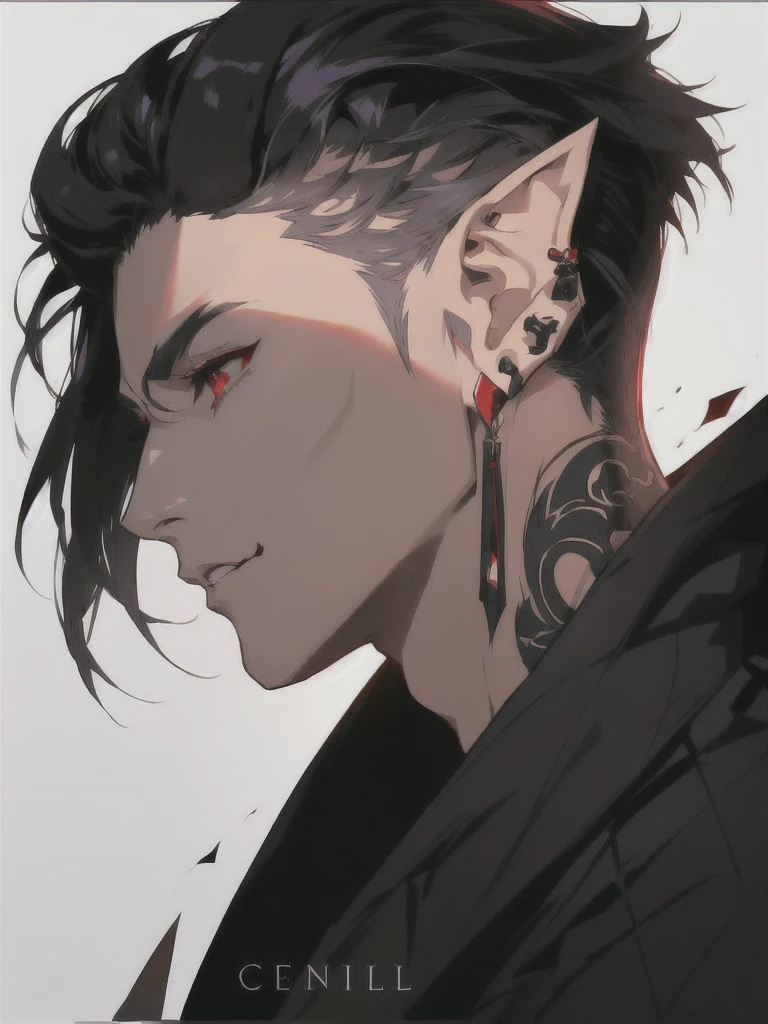 anime character with ear piercings and a black jacket, handsome guy in demon slayer art, a portrait of a male elf, handsome japanese demon boy, pale pointed ears, male anime character, a male elf, attractive humanoid, stunning anime face portrait, in the style of guweiz, demon horns, two black devil horns, two horns protruding from hair, large horns, striking appearance, masculine,  two horns sticking out from top of head, red eyes