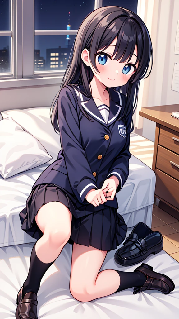 {Highest quality], [so beautiful], [Ultra-fine], [Best illustrations], Browsing Caution,Black Hair, Hime cut, Long Hair, With bangs, girl,high school student,uniform,knit,skirt,smile, blush, Slender women, Adult female,(public),,diagonal, Navy blue knee socks,Black Loafers.night,Health Room,Lying in bed feeling unwell
