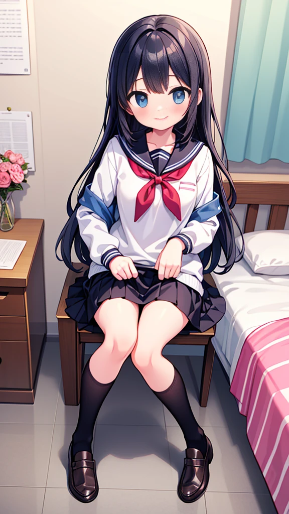 {Highest quality], [so beautiful], [Ultra-fine], [Best illustrations], Browsing Caution,Black Hair, Hime cut, Long Hair, With bangs, girl,high school student,uniform,knit,skirt,smile, blush, Slender women, Adult female,(public),,diagonal, Navy blue knee socks,Black Loafers.night,Health Room,Lying in bed feeling unwell