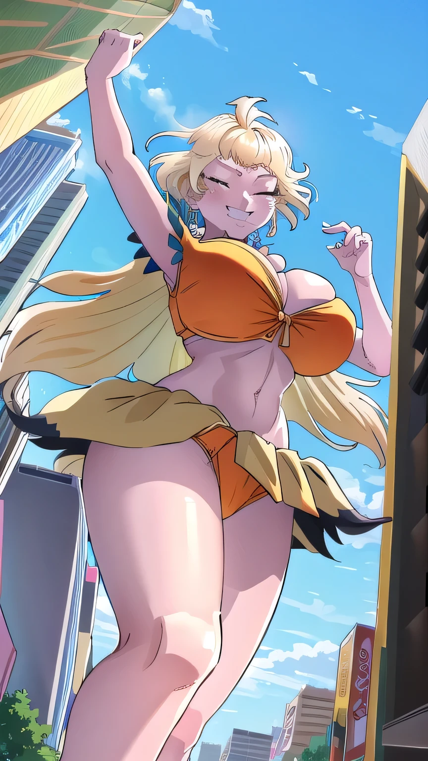 gigantic breasts,bursting breasts,cleavage cutout,cute smile,shy,one eye closed,cosplay as Mii giantess,walk around city ,masterpiece, best quality, 1girl, mii, blonde hair, short hair, blue eyes, earrings, necklace, dark skin, bikini, large breasts, cleavage, upper body, smile, sketch, looking at viewer, simple background, retro artstyle, 1980s \(style\), 1990s \(style\),view from below