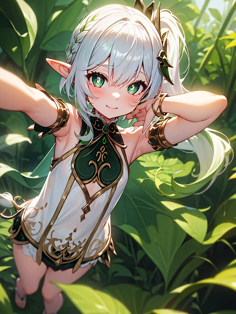 masterpiece, best quality, nahida_genshin, solo, long_hair, green_eyes, bangs, pointy_ears, hair_ornament, white_hair, symbol-shaped_pupils, multicolored_hair, side_ponytail, gradient_hair, green_hair, hair_between_eyes, cross-shaped_pupils, smile, jewelry, leaf_hair_ornament, bracelet, 8yo, ((petite)),
smile, :o, standing, (open clothes), (clothes lift), flat chest, nipples, forest,