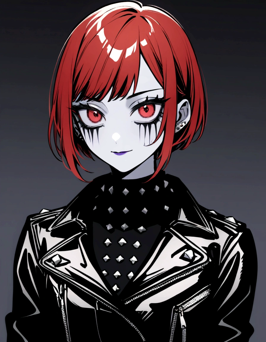 a female character, pixie cut with mullet, vermillion hair. The background is greyish white. The character's face is confident, with pale skin and corpse paint. She wears a dark-colored leather jacket with studs.