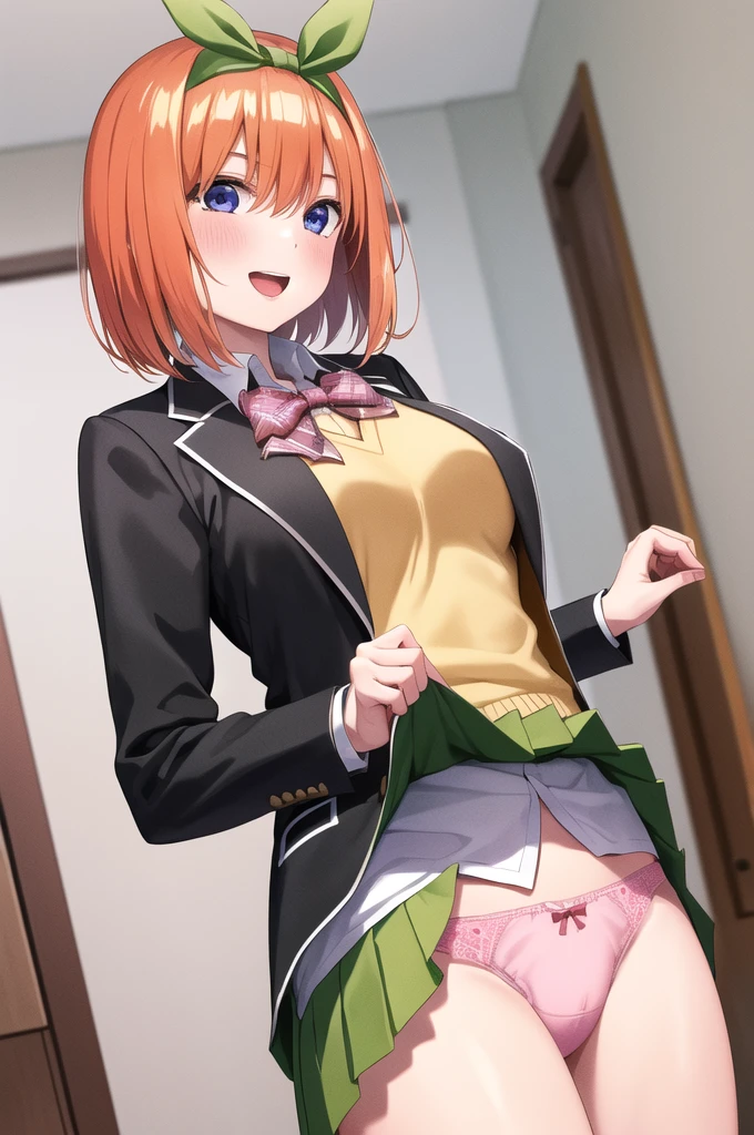 masterpiece, best quality, highres, aayotsuba, short hair, hair ribbon, green ribbon, hairband, green bow, sweater vest, blazer, black jacket, open clothes, long sleeves, green skirt, pleated skirt, standing, cowboy shot, outdoors, smile, open mouth,best quality, extremely detailed, (illustration:1.2), high-resolution, 8k cg wallpaper, stunning art, (perfect lifted own skirt by self:1.3), line up show thighs completely, bare all navel, shiny eyes, very lovingly face, shy, (blush:1.2), , face to face, in the classroom, cowboy shot, front view, straight view, (all girls perfect show own pink panties completely:1.3)