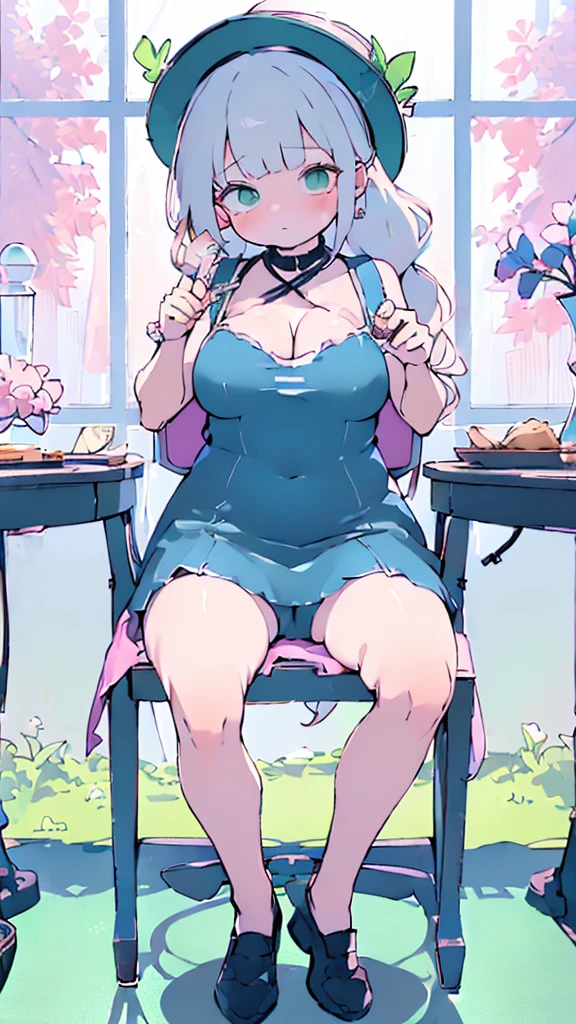 (flat:1.5),(cafe, window, sunlight, table, chair, sedentary:1.5) (big ass, thick thighs:0.7), (warm light source:1.2), intricate details, volumetric lighting, Realism BREAK(masterpiece:1.2), (top quality), 4K, ultra detail, (Dynamic configuration:1.4), Very detailed and colorful details,(rainbow colors:1.2), (shining lights, atmospheric lighting), dreamy, magical, (alone:1.2), intricate details, cheeky expression, (big breasts:1.5), (green eyes:1.5), (a devastated expression, dead eyes, dark atmosphere:1.5), (more Green long hair:1.5), (shoes, buttoned dress shirt, Small hat,Small and tight denim shorts:1.5), (chubby, Belly Fat), (beautiful eyes, flushing:1.5),(human ear,thin legs:1.5),(chair에 sedentary, diagonal shot:1.5), (embarrassing:1.5),(diagonal shot:1.5)