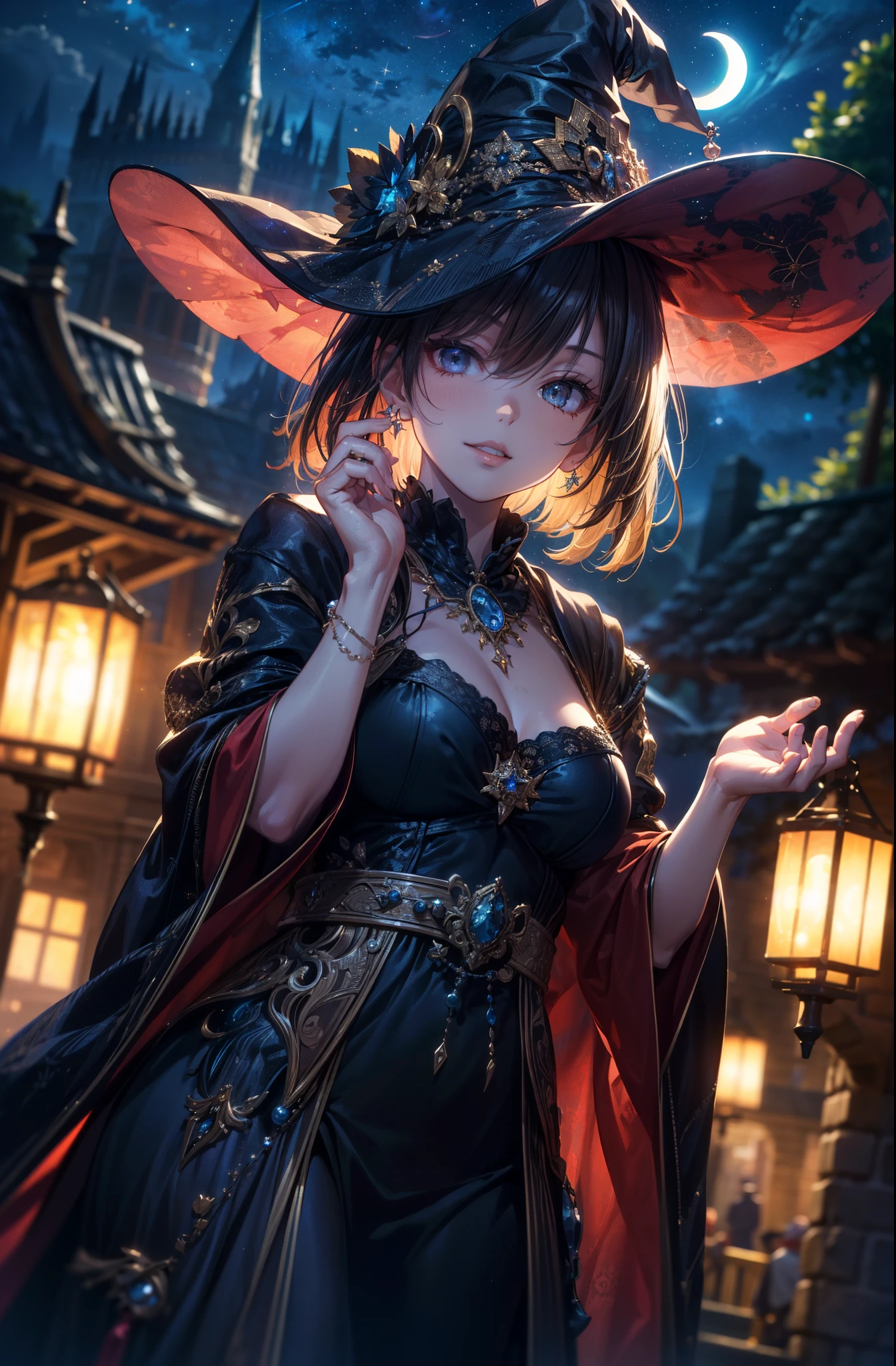 (masterpiece:),(best quality),(ultra detailed),perfect anatomy,rich in details,photorealism,highly detailed,(dutch angle: 1.2),((rich)),witch hat,necklace adorned with robe and detailed accessories,witch,beautiful female wizard,smirking,((light clothing,night dress)),((pose for photo)),upper body,BREAK // background is a beautifully detailed and decorated old castle,black shadow castle on a cliff,((starry sky)),natural light,crescent moon night,front lighting,lantern light source,(blurry background,depth of field: 1.4),medieval fantasy,OuterWorldAI,delicate colors,illustration,bright colors,beautiful,
