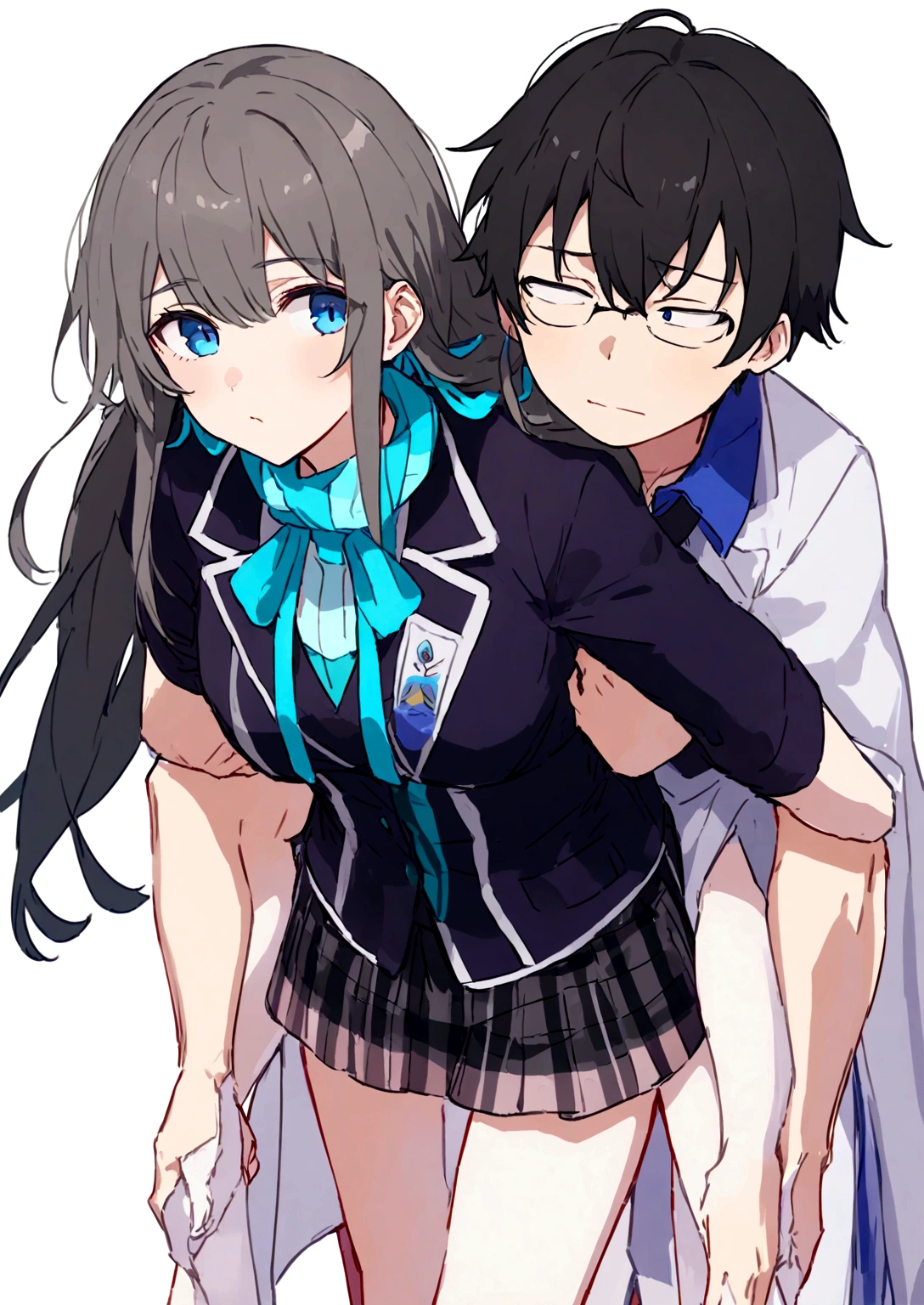 yukino yukinoshita giving hachiman piggyback ride, Blue eyes black long hair piggyback ride, size difference, yukino Yukinoshita