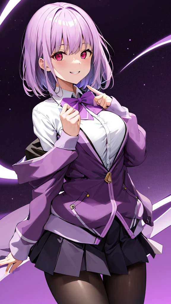 masterpiece, highest quality, High resolution, shinjou akane, One girl, alone, pantyhose, shirt, bow, skirt, purple Jacket, Jacket, white shirt, Long sleeve, short hair, black skirt, collared shirt, black pantyhose, Open clothes, bowtie, purple bow, chest, bangs, Red eyes, pleated skirt, Off the shoulder, open Jacket, Sleeves are longer than the wrist, Light purple hair, purple bowtie, miniskirt,  Cowboy Shot,too evil smile,smile worst,looking down at viewer,laugh worst,evil laugh,deep shaded face,laugh face,big monster ,dark purple backgrounds,two hands,five fingers,two legs,