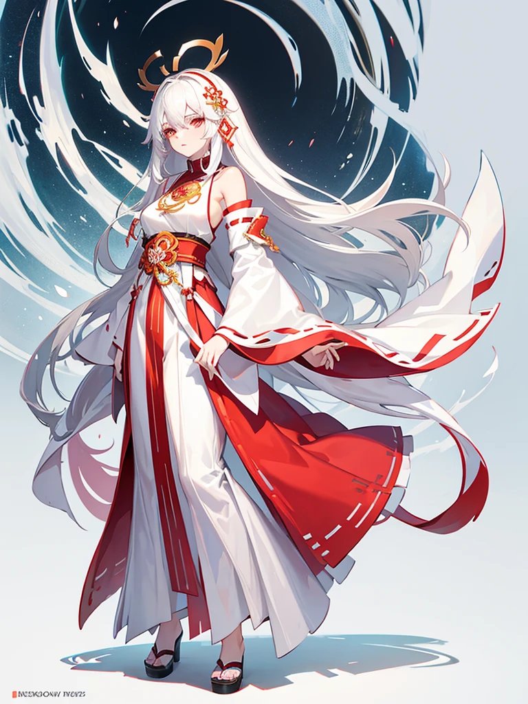 Miko long dress, large breats, pale skin, white hair, long hair, full body, concept art