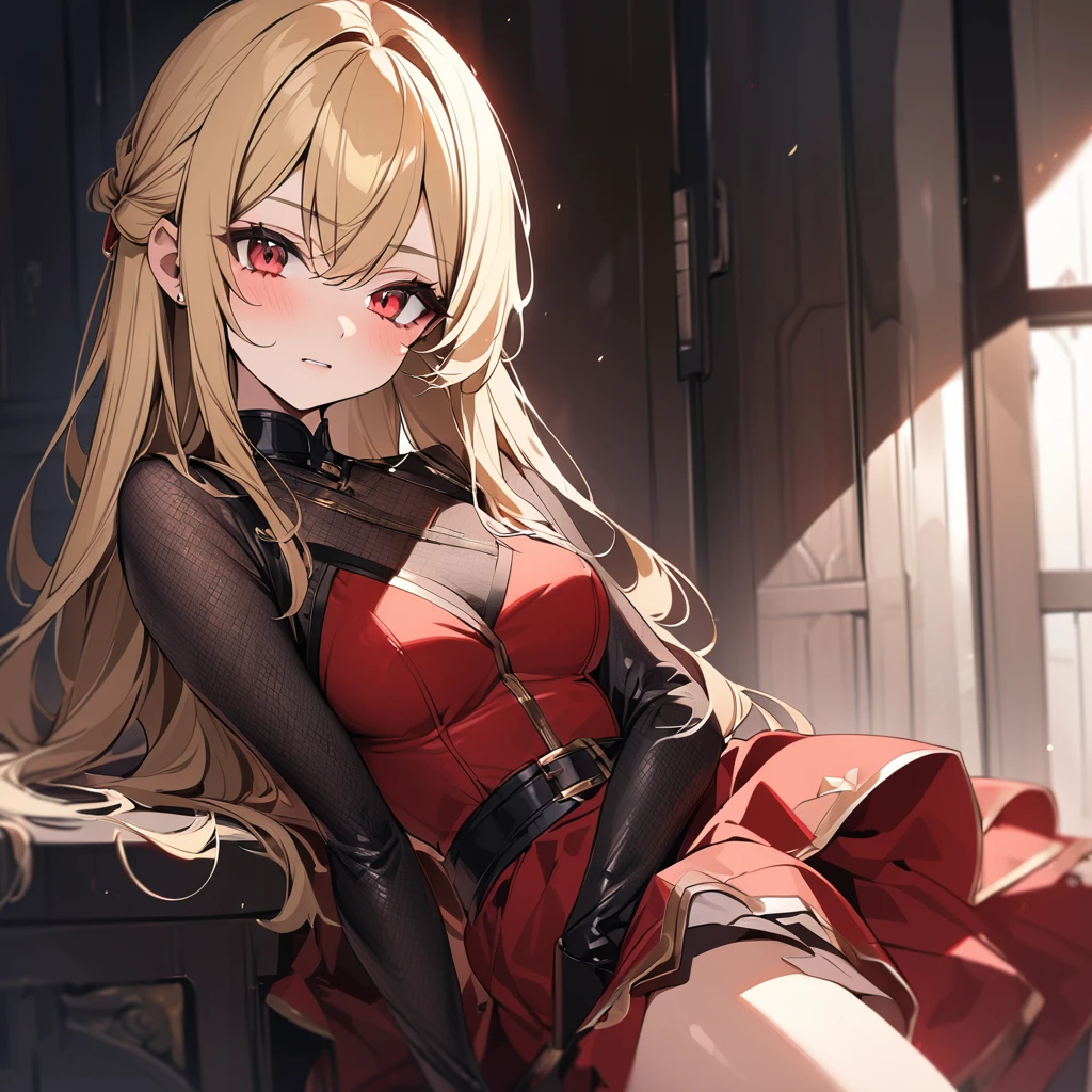 8yo, mesugaki, solo, long haired, twintail hair, Blonde hair, blue eyes, flat chest, princess, tiara, (red) Gorgeous dress, cut off shoulder, choker, thin legs, bare feet, sitting on sofa with her legs crossed, lean back sofa, Left arm on elbow rest and right hand put around chin, (Point one foot at viewer, She makes me lick her foot), (instep of foot), Grinning laugh, sadistic, Provocative attitude, white teeth, (flom below:1.3), Composition she looking down viewer, red gorgeous sofa, room in the castle masterpiece, best quality, 