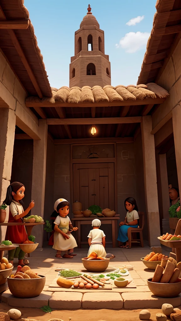 Illustration with nuances of the Eid al-Adha holiday atmosphere with young people slaughtering sacrificial animals, mothers and children cooking sacrificial meat