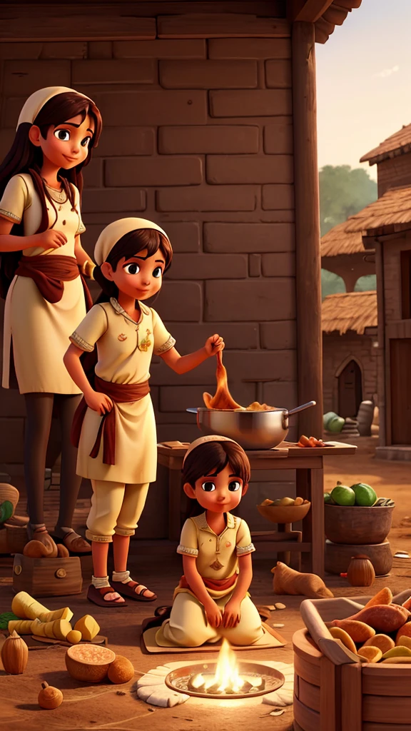 Illustration with nuances of the Eid al-Adha holiday atmosphere with young people slaughtering sacrificial animals, mothers and children cooking sacrificial meat