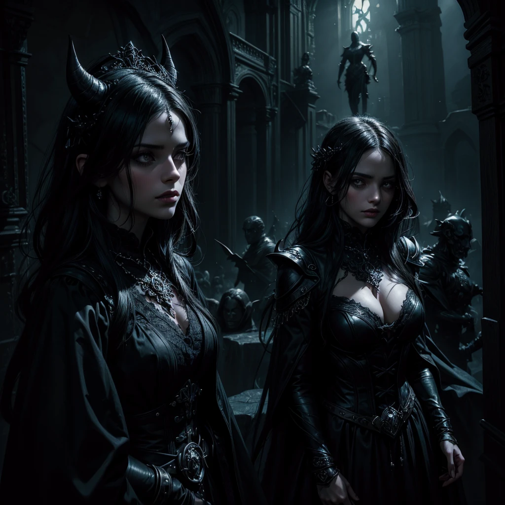beautiful dark-haired girl, girl with black rose, male devil figure, sinister mysterious environment, intricate details, dramatic lighting, dark fantasy, chiaroscuro, moody atmosphere, painterly style, cinematic composition, rich colors, gothic aesthetic, dramatic shadows, ethereal quality, dark surreal landscape, dramatic clouds, dramatic lighting effects, detailed facial features, intense gaze, alluring expression, flowing dress, ornate accessories, atmospheric background