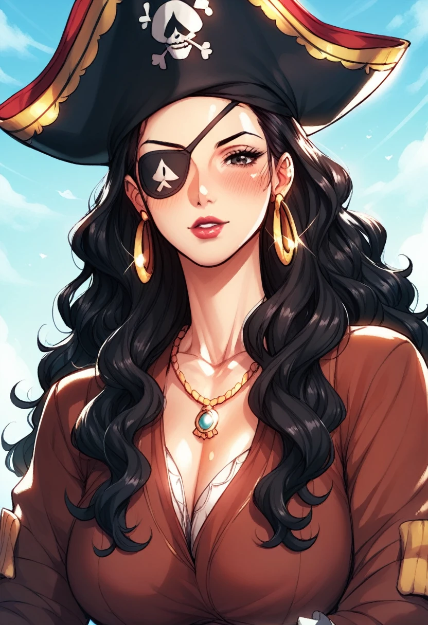 Hot sexy beautiful pirate milf mom ,big long silver hoops  earrings,black hair,blush,black eyes, necklace ,wavy blunt hair, lipstick, black tattoo,hunter eyes,eyepatch,pirate cap,pirate accessories,boots,