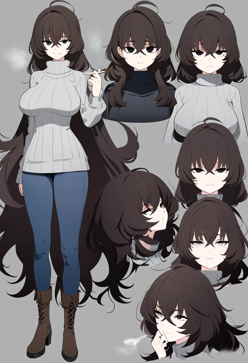 One Woman,Downer,older sister,Concept Art,Dark brown hair,Straight hair with slight inward curls,Staring eyes,Eye Ridge,black eye,Crossed bangs,whole body,smile,Larger breasts,Gray background,Bangs that reach down to the eyes,Messy hair,Tight dark jeans,Gray turtleneck sweater,Multiple views of the same character,Character Design,Dark circles under the eyes,Bad look,Listless,Sloppy,Silver Jewelry,Cafe staff,Holding a cigarette,whole bodyCharacter Design,Detailed hands,Height: 170cm,boots,Fleshy body,