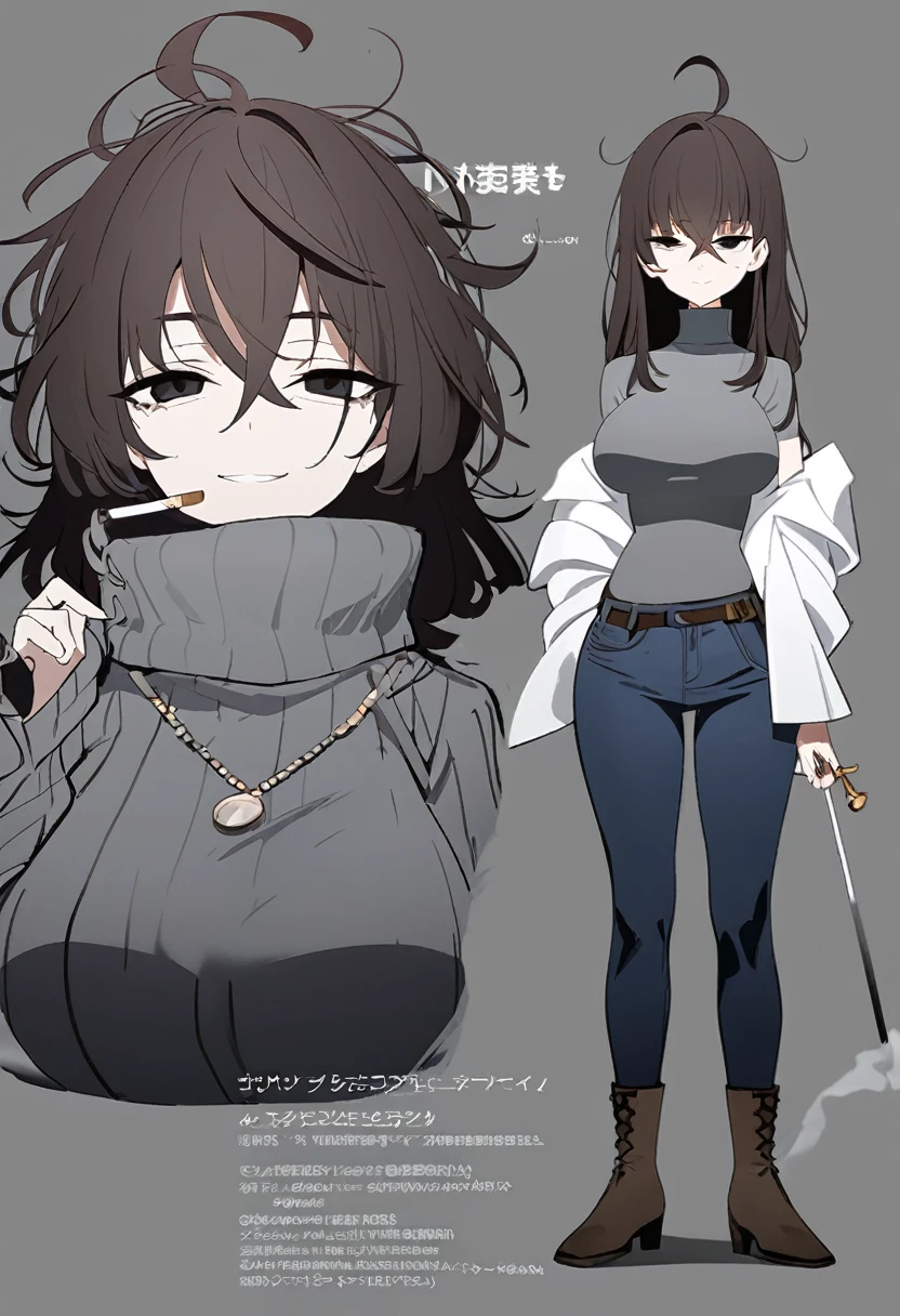 One Woman,Downer,older sister,Concept Art,Dark brown hair,Straight hair with slight inward curls,Staring eyes,Eye Ridge,black eye,Crossed bangs,whole body,smile,Larger breasts,Gray background,Bangs that reach down to the eyes,Messy hair,Tight dark jeans,Gray turtleneck sweater,Multiple views of the same character,Character Design,Dark circles under the eyes,Bad look,Listless,Sloppy,Silver Jewelry,Cafe staff,Holding a cigarette,whole bodyCharacter Design,Detailed hands,Height: 170cm,boots,Fleshy body,