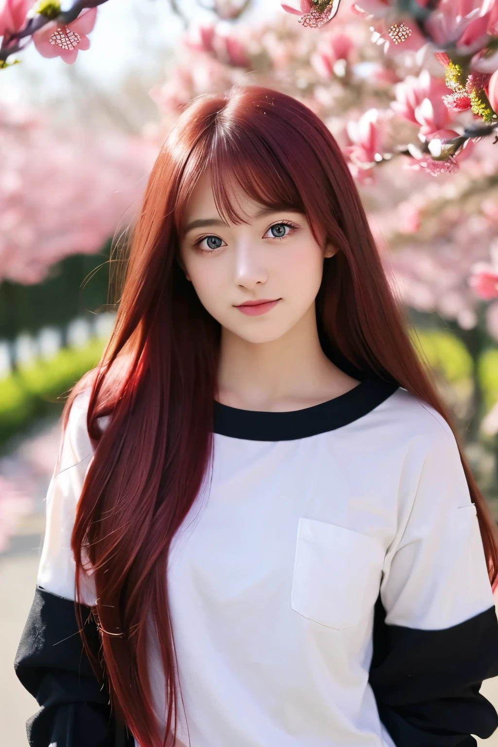 A 18-years old girl,Long tidy red hair,Magenta eyes,magnolia flowers on hair,Casual long sleeves outfits,Japanese + korean