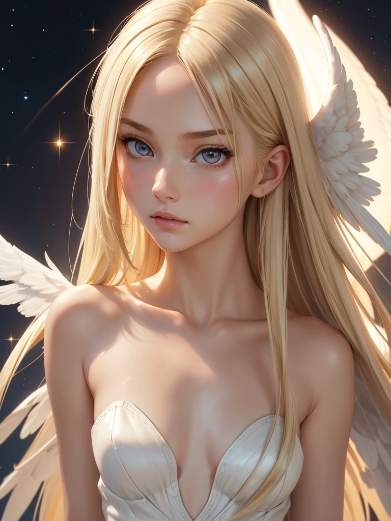 (best quality), 1girl, female, porcelain skin, blonde hair, straight hair, medium hair, swoopy tips, Flipped-up ends, brown eyes, perfect eyes, slender, angel, angel wings, celestial body, small bust, shy, masterpiece, anatomically correct, highres
