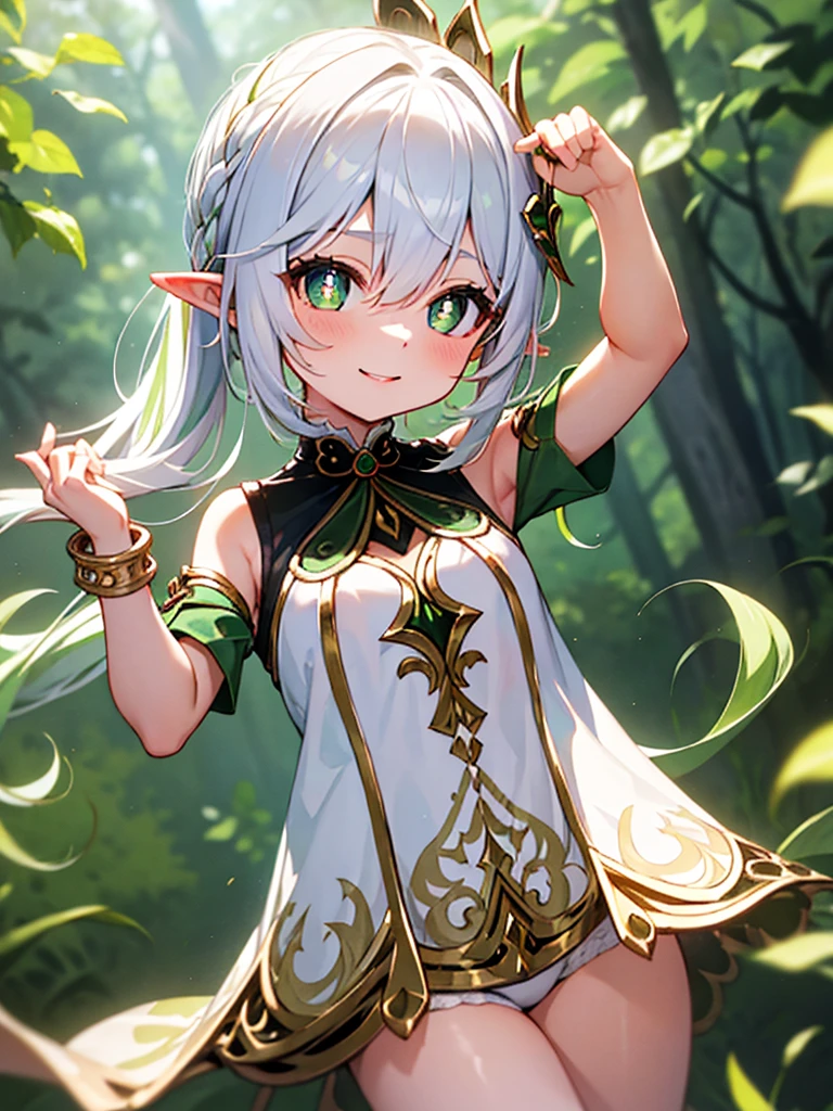 masterpiece, best quality, nahida_genshin, solo, long_hair, green_eyes, bangs, pointy_ears, hair_ornament, white_hair, symbol-shaped_pupils, multicolored_hair, side_ponytail, gradient_hair, green_hair, hair_between_eyes, cross-shaped_pupils, smile, jewelry, leaf_hair_ornament, bracelet, , ((petite)),
 smile, :o, standing, (open clothes), (clothes lift), flat chest, niporest,