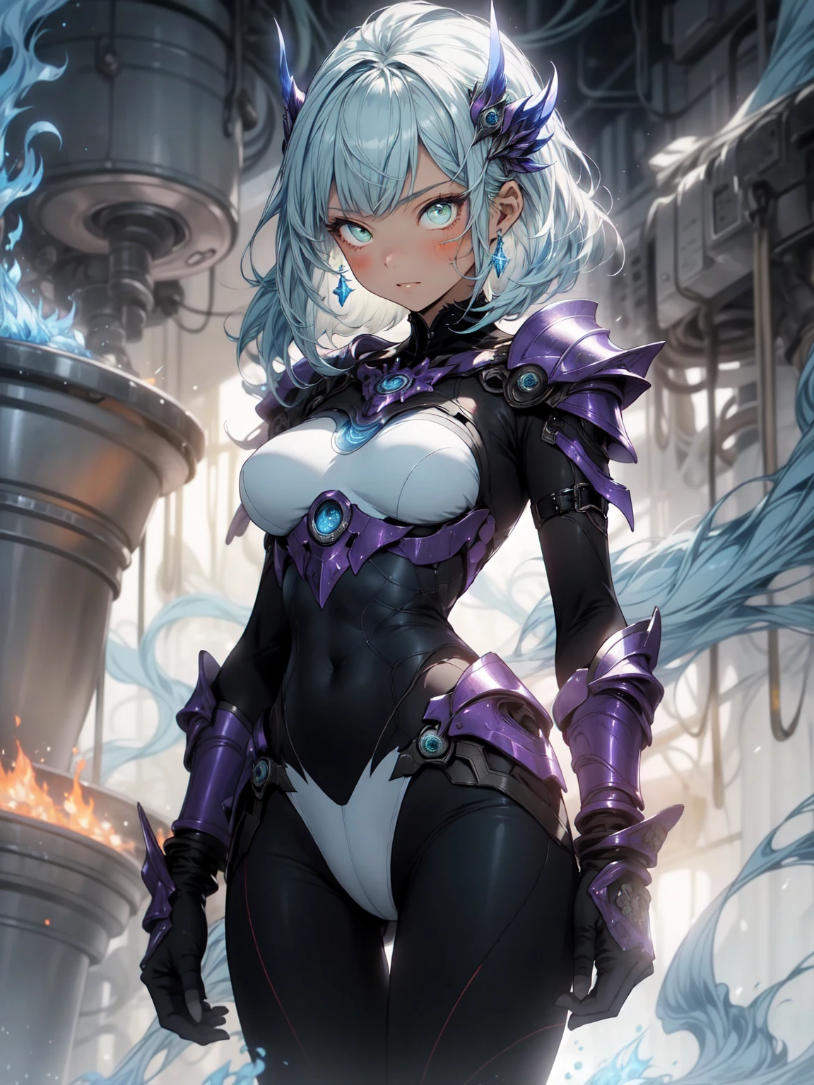 (close to viewer:1.5)、(masterpiece:1.5、Photorealistic:1.4,anime coloring:1.4、high resolution:1.4)、,(spot light:1.2、Exquisite beautiful eye:1.5,)、(stand:1.5)、()、(upper body:1.5)、
(kind eyes、tareme:1.4),()、(Cute Face)、(blue hair:1.5)、(middle hair:1.5),(sidelock :1.6),(blunt bangs:1.3),(1 girl)、(blue eyes:1.2)、(clear face:1.5),()、(solo)、(chromium　metal black :1.5) ,(Abdominal muscles),(huge breasts),(),(leotard armor:1.5),(Leg guard)、()、()、Slim Body(),Shiny Hair、