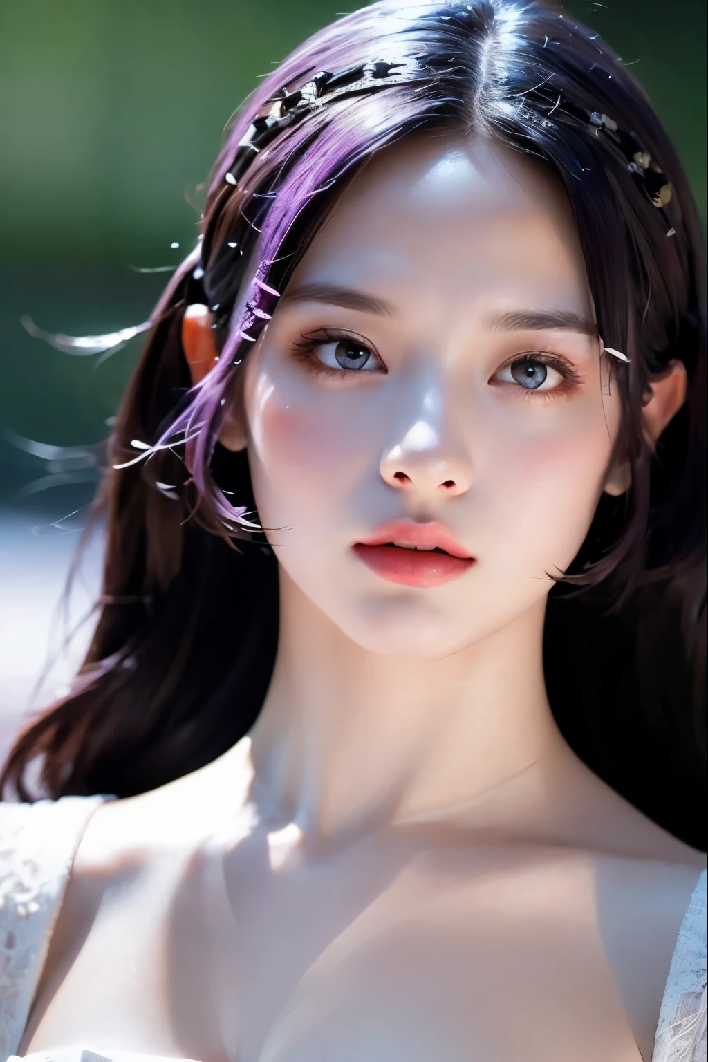 best quality,masterpiece,very detailed,high resolution,4K,ultra high resolution,detailed shadows,ultra realistic,realistic,dramatic lighting,1 woman,alone,detailed face,realistic eyes,realistic skin,white dress,purple hair,dynamic pose, white lace dress