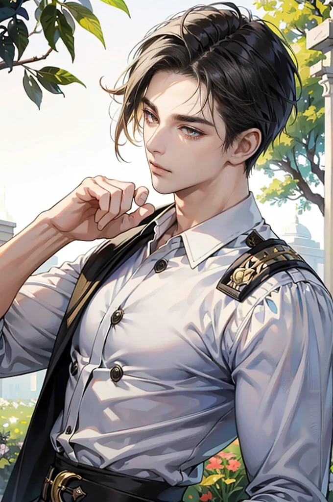 (masterpiece, high resolution, Ultra-detailed:1.0), (1st son, adult male), perfect male body, black male, eyes look at the camera, (nobility:1.3), delicate eyes and delicate face, very detailed CG, big body, broad shoulders, unity 8k wallpaper, intricate details, Solo person, detailed face, Brown skin color, (nobility 의상, with tied black hair, golden eyes, relaxed expression), outdoor, Sonoko, Flowers and trees, marble column, color difference, depth of field, dramatic shadows, ray tracing, best quality, portrait
