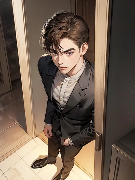 masterpiece, best quality, realistic, 1man, mature male, quiet and charming young man, 25 year old, serious look, closed mouth, portrait, extremely detailed face, cold smile, ((dark grey eyes)), ((short-right-swept dark brown hair)), [thick eyebrows], ((suit)), handsome, full body, western, Jewish, light brown skin,