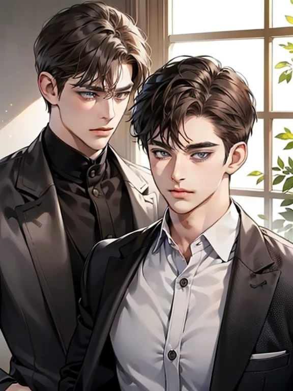 masterpiece, best quality, realistic, 1man, mature male, quiet and charming young man, 25 year old, serious look, closed mouth, portrait, extremely detailed face, cold smile, ((dark grey eyes)), ((short-right-swept dark brown hair)), [thick eyebrows], ((suit)), handsome, full body, western, Jewish, light brown skin,