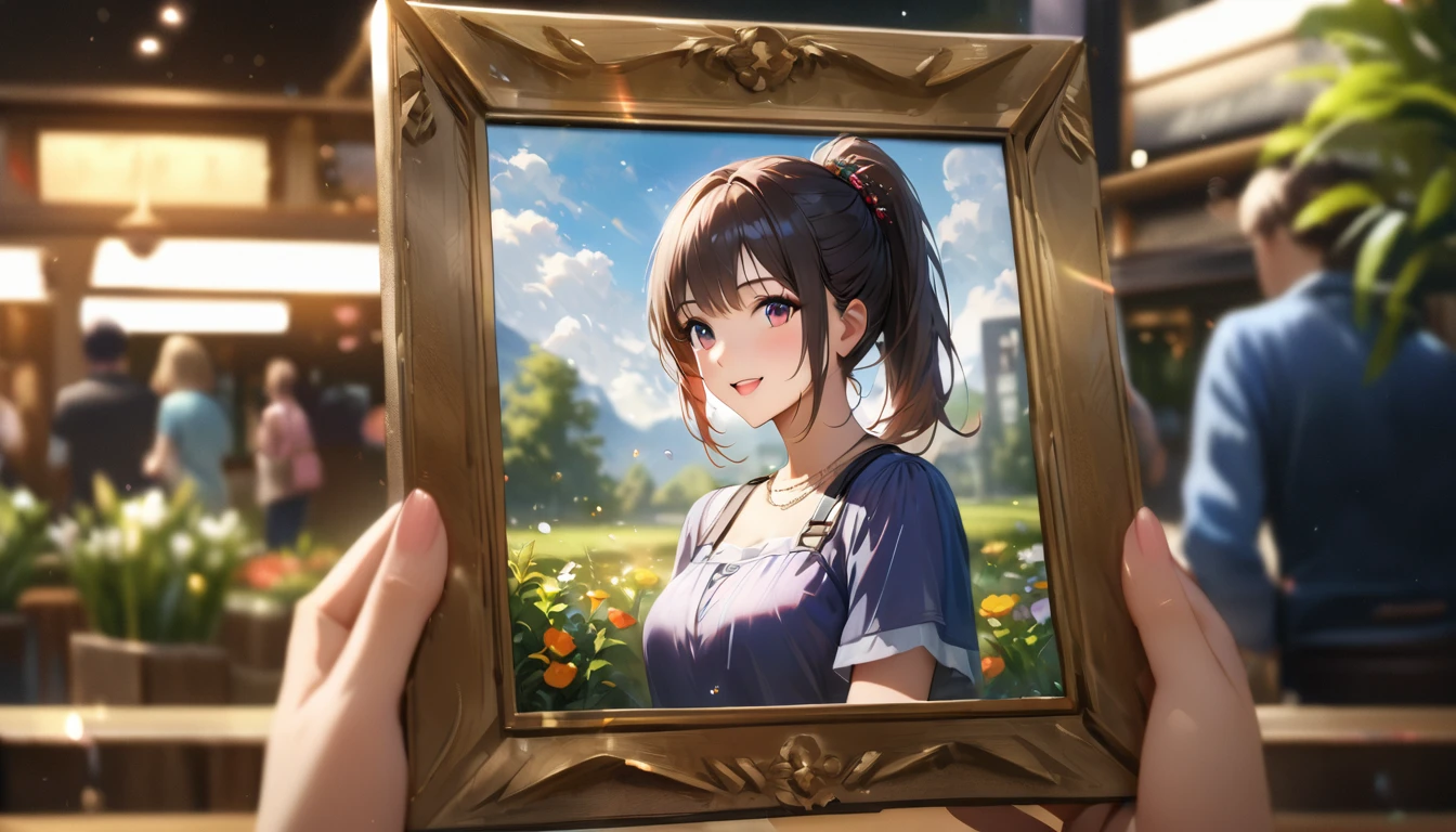 garden, Cute casual clothes,On a date,Blur the background,High school girls,ponytail,smile,Glitter effect,Highest quality, 4K, 8k, High resolution, masterpiece:1.2, Very detailed, Realistic:1.37, High resolution, 超High resolution, Ultra-fine painting, Sharp focus, Physically Based Rendering, Very detailedな説明, Professional, Vibrant colors