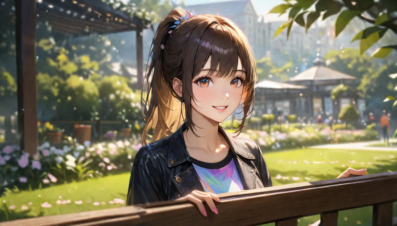 garden, Cute casual clothes,On a date,Blur the background,High school girls,ponytail,smile,Glitter effect,Highest quality, 4K, 8k, High resolution, masterpiece:1.2, Very detailed, Realistic:1.37, High resolution, 超High resolution, Ultra-fine painting, Sharp focus, Physically Based Rendering, Very detailedな説明, Professional, Vibrant colors