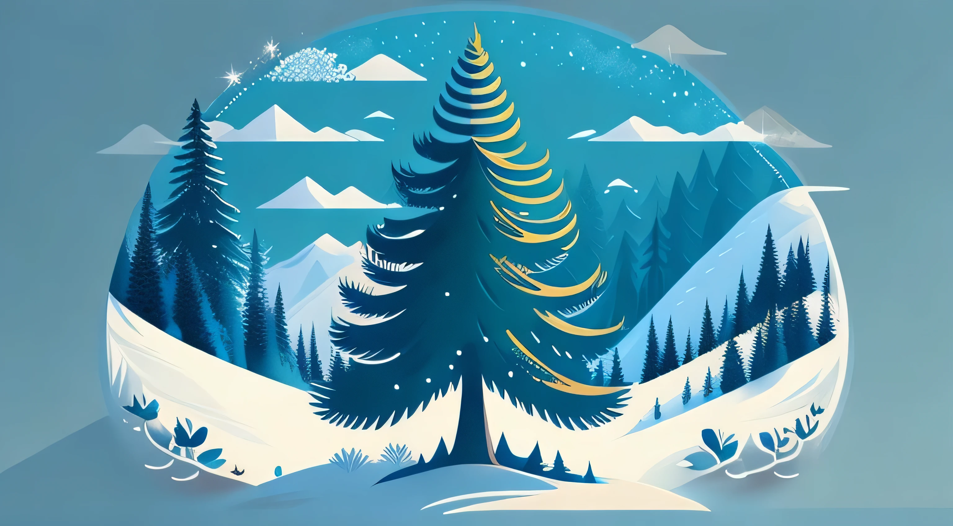 A spruce tree in a winter landscape, t-shirt design, rzminjourney, vector art